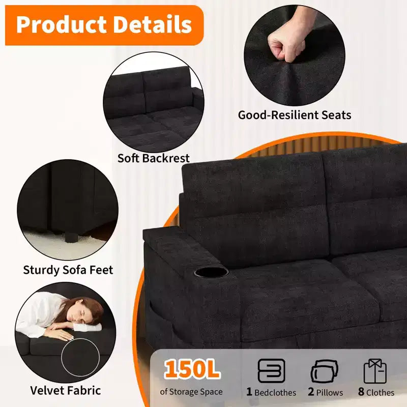 84 L-Shaped Sectional Sofa Bed - Reversible Storage Chaise with USB Ports & Cup Holders - Black