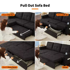 84 L-Shaped Sectional Sofa Bed - Reversible Storage Chaise with USB Ports & Cup Holders - Black
