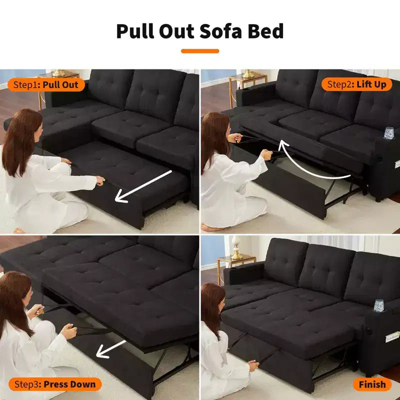 84 L-Shaped Sectional Sofa Bed - Reversible Storage Chaise with USB Ports & Cup Holders - Black