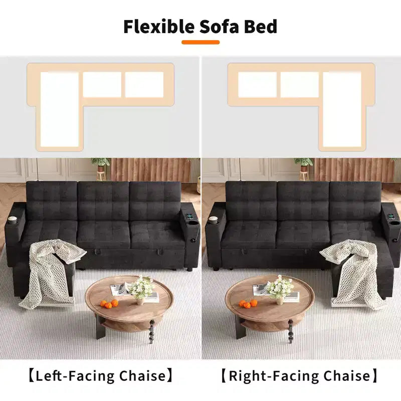 84 L-Shaped Sectional Sofa Bed - Reversible Storage Chaise with USB Ports & Cup Holders - Black