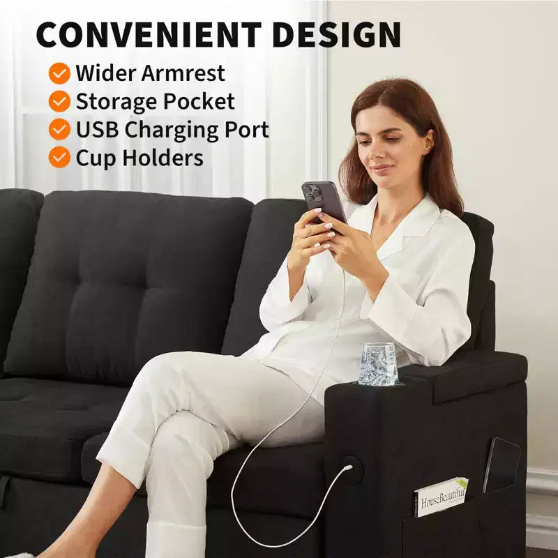 84 L-Shaped Sectional Sofa Bed - Reversible Storage Chaise with USB Ports & Cup Holders - Black