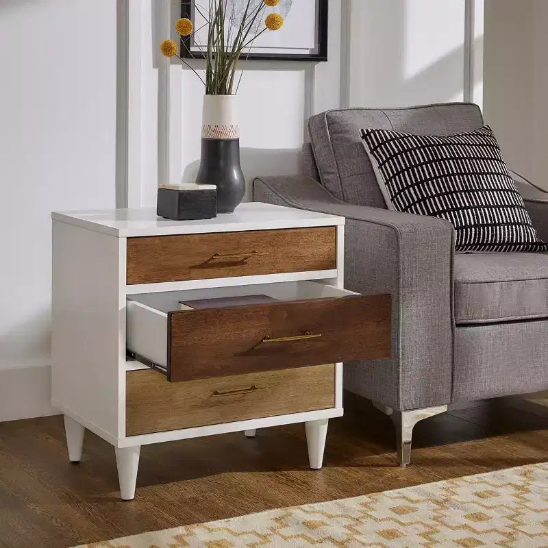 Agatha White and Natural Finish 3-Drawer Nightstand