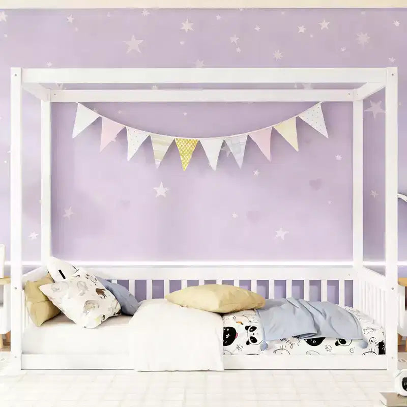 Luxystar Twin Canopy Frame Floor Bed with Fence