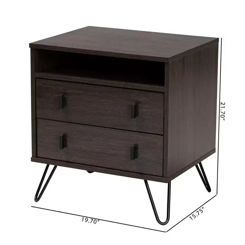 Glover Wood and Metal 2-Drawer Nightstand with Open Shelf