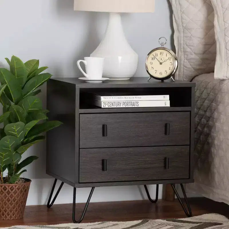Glover Wood and Metal 2-Drawer Nightstand with Open Shelf