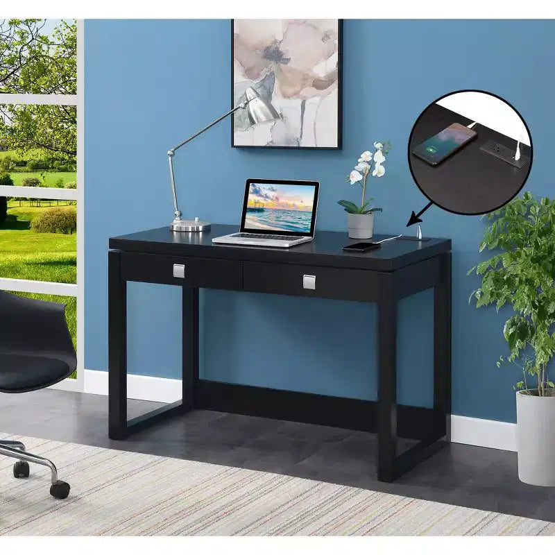 Newport 2 Drawer Desk with Charging Station Espresso/Black - Breighton Home: Home Office Workstation, MDF Construction
