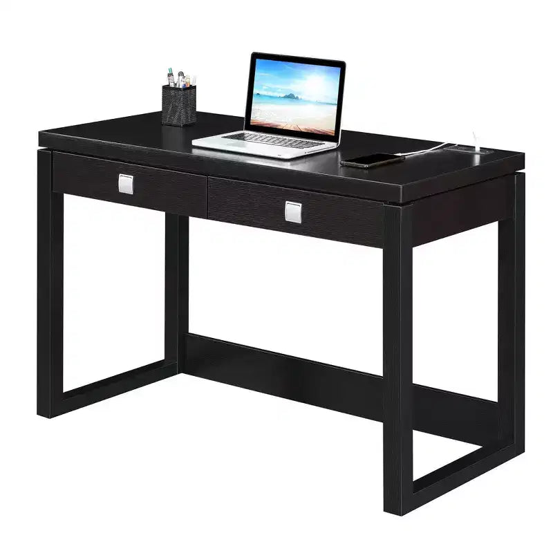 Newport 2 Drawer Desk with Charging Station Espresso/Black - Breighton Home: Home Office Workstation, MDF Construction