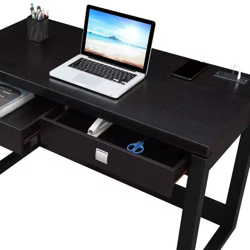 Newport 2 Drawer Desk with Charging Station Espresso/Black - Breighton Home: Home Office Workstation, MDF Construction