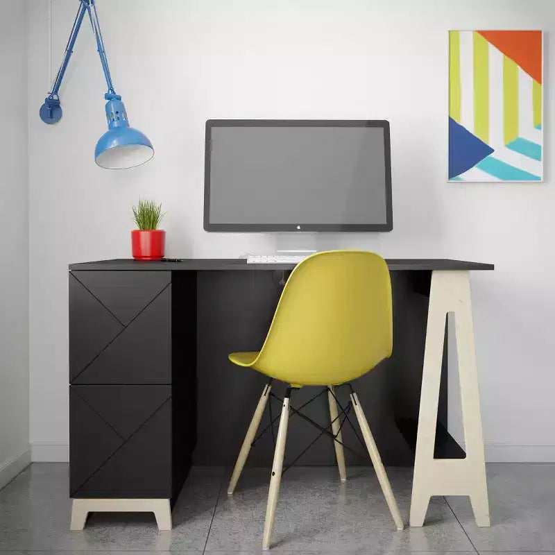 Nexera Atypik 2 Drawer Desk Black/Birch Plywood: Lacquered MDF, Open Storage Shelf, Adult Assembly Required