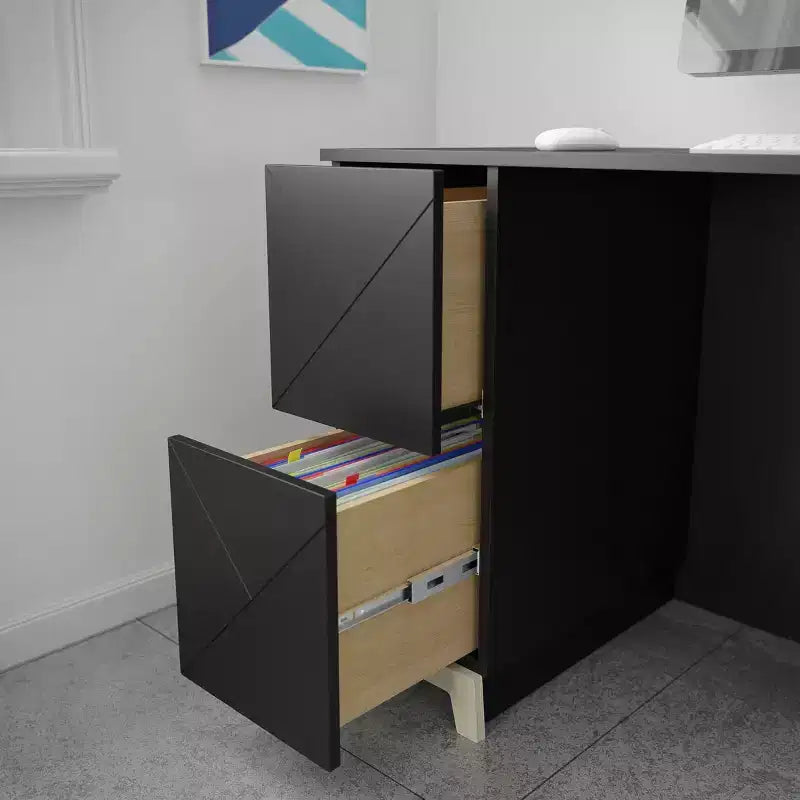 Nexera Atypik 2 Drawer Desk Black/Birch Plywood: Lacquered MDF, Open Storage Shelf, Adult Assembly Required