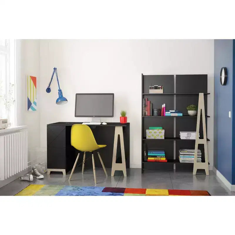Nexera Atypik 2 Drawer Desk Black/Birch Plywood: Lacquered MDF, Open Storage Shelf, Adult Assembly Required