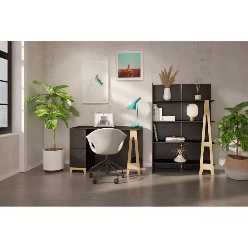 Nexera Atypik 2 Drawer Desk Black/Birch Plywood: Lacquered MDF, Open Storage Shelf, Adult Assembly Required