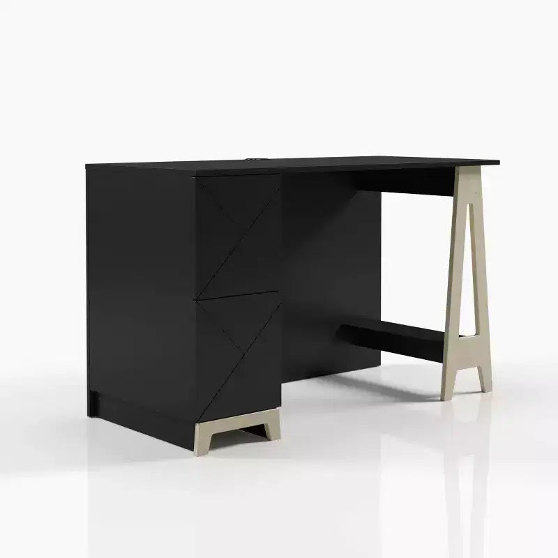 Nexera Atypik 2 Drawer Desk Black/Birch Plywood: Lacquered MDF, Open Storage Shelf, Adult Assembly Required