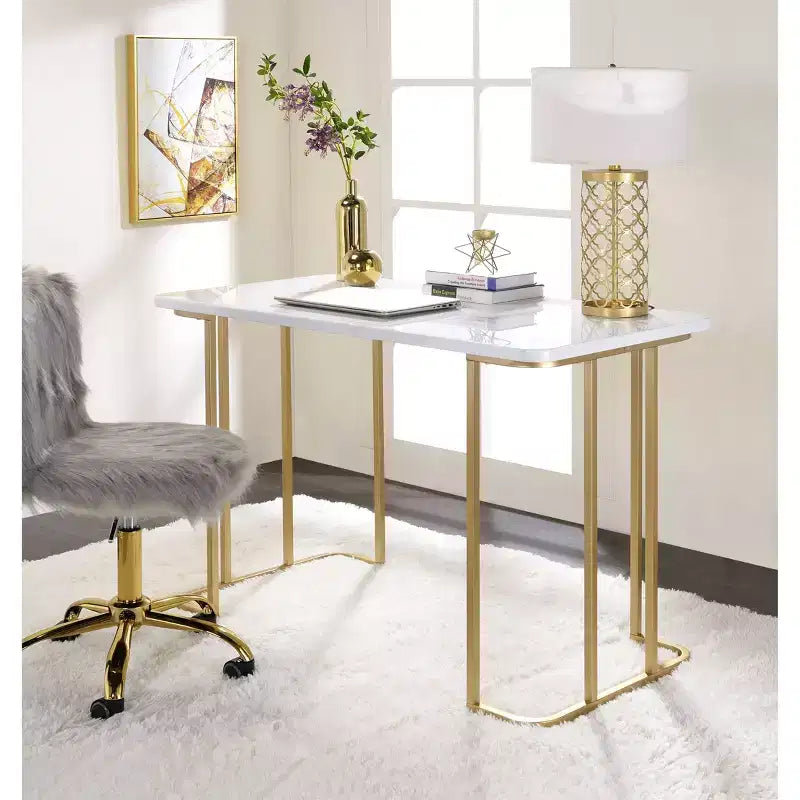 Acme Furniture Estie Writing Desk White/Gold: Chic Home Office, Teen & Kids' Study Table, No Storage