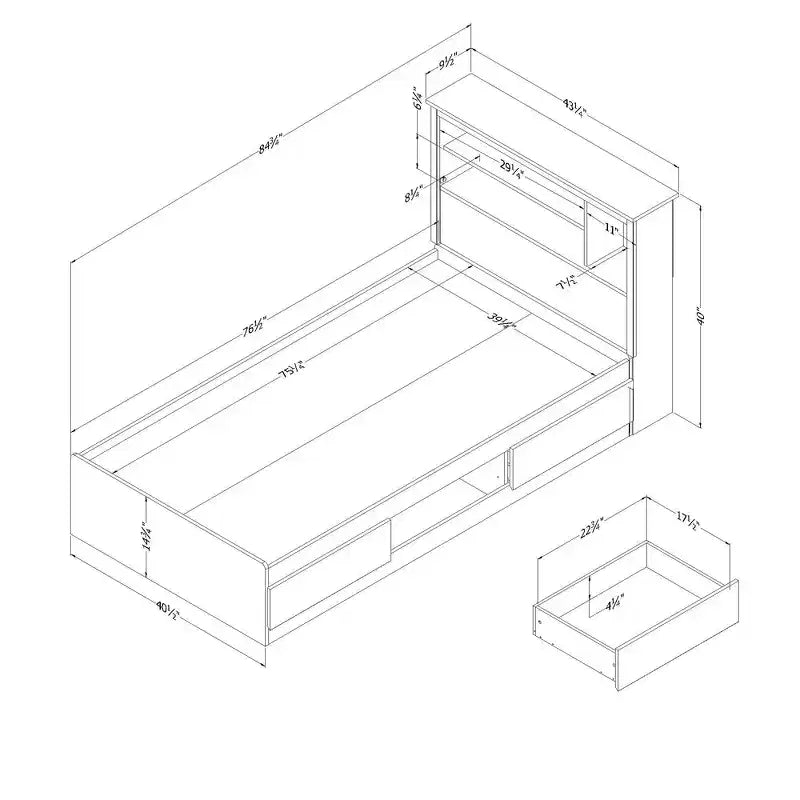 South Shore Twin Bed and Headboard Set Nordik Oak: 6-Compartment Storage, Laminated Particle Board