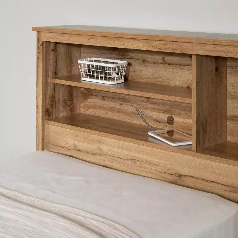 South Shore Twin Bed and Headboard Set Nordik Oak: 6-Compartment Storage, Laminated Particle Board