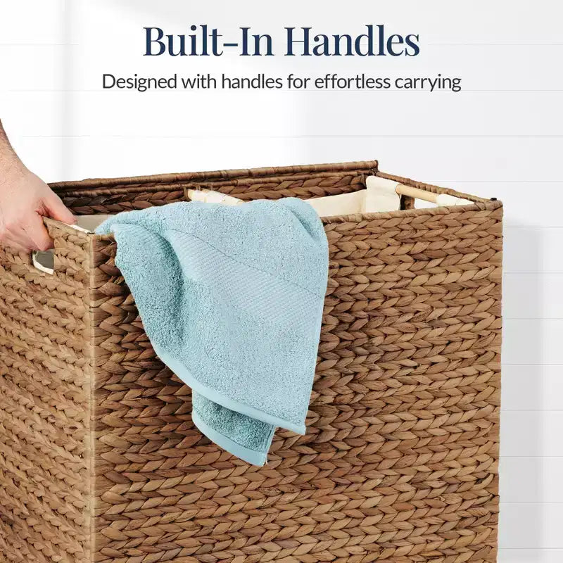 Best Choice Products Large Natural Water Hyacinth Double Laundry Hamper Basket w/ 2 Liner Bags, Handles
