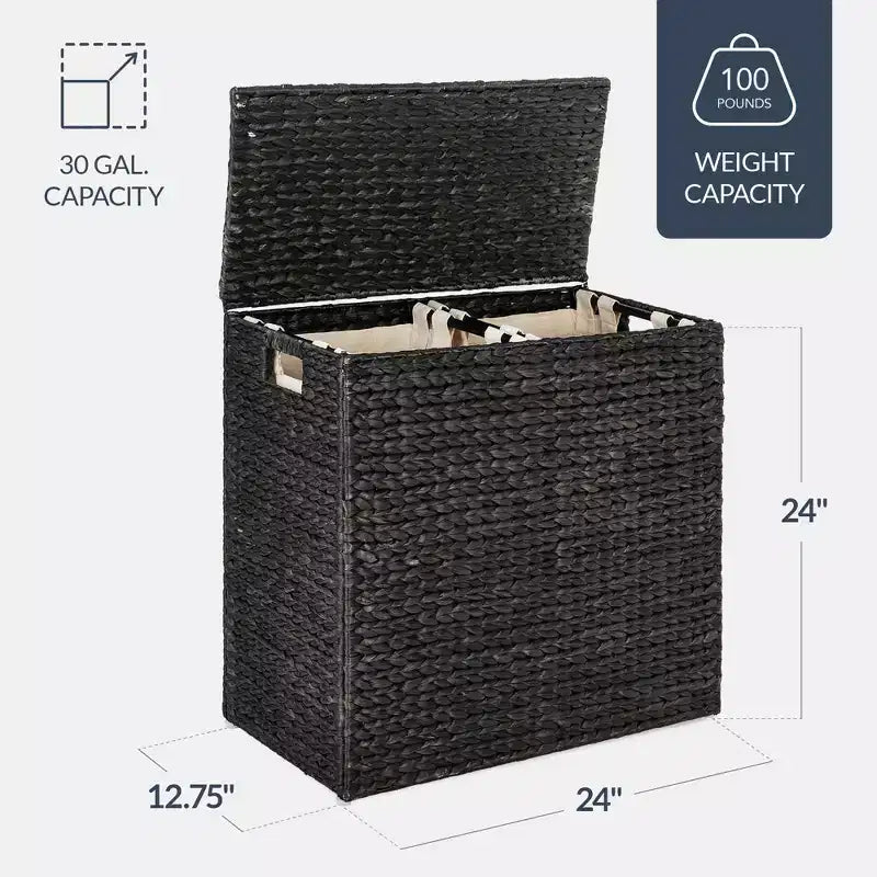 Best Choice Products Large Natural Water Hyacinth Double Laundry Hamper Basket w/ 2 Liner Bags, Handles