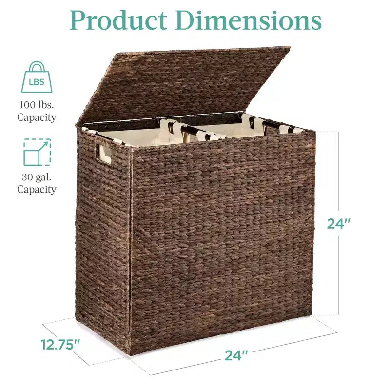 Best Choice Products Large Natural Water Hyacinth Double Laundry Hamper Basket w/ 2 Liner Bags, Handles