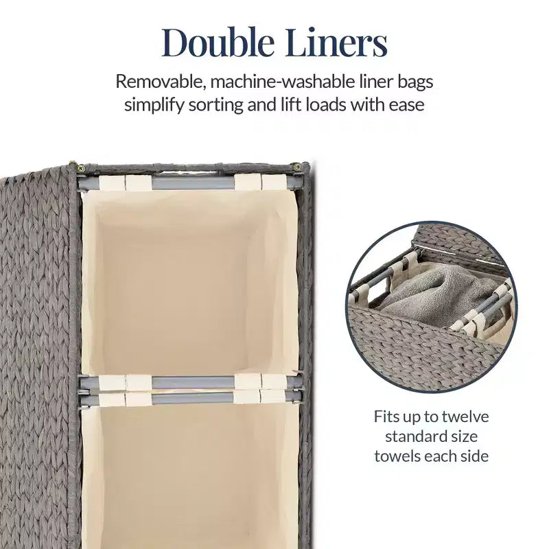 Best Choice Products Large Natural Water Hyacinth Double Laundry Hamper Basket w/ 2 Liner Bags, Handles