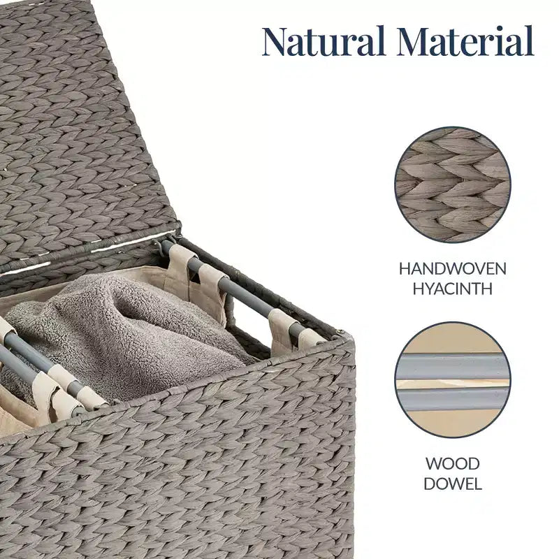 Best Choice Products Large Natural Water Hyacinth Double Laundry Hamper Basket w/ 2 Liner Bags, Handles