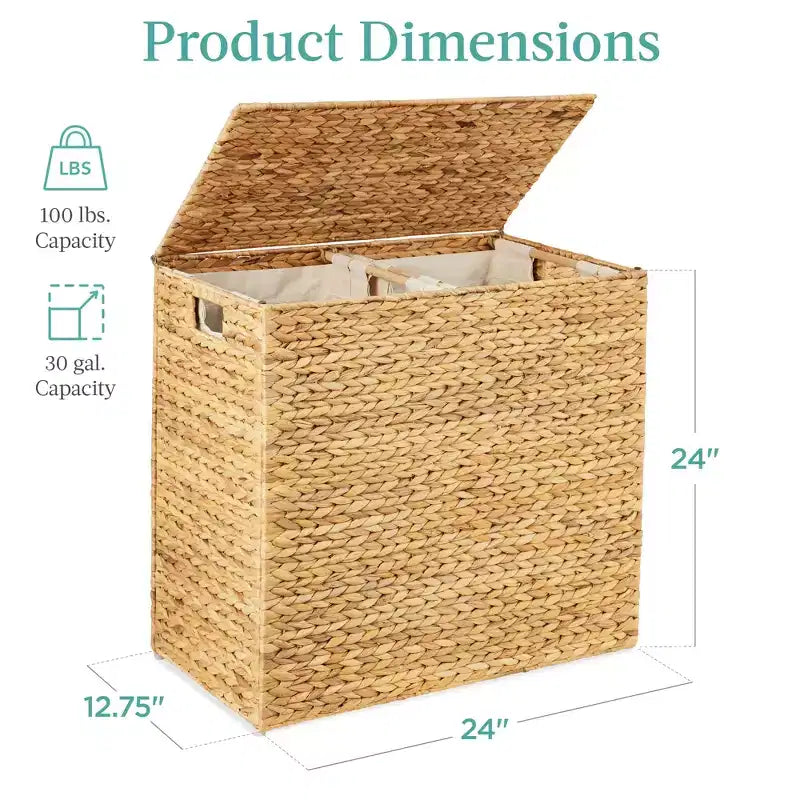 Best Choice Products Large Natural Water Hyacinth Double Laundry Hamper Basket w/ 2 Liner Bags, Handles