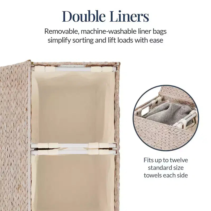 Best Choice Products Large Natural Water Hyacinth Double Laundry Hamper Basket w/ 2 Liner Bags, Handles