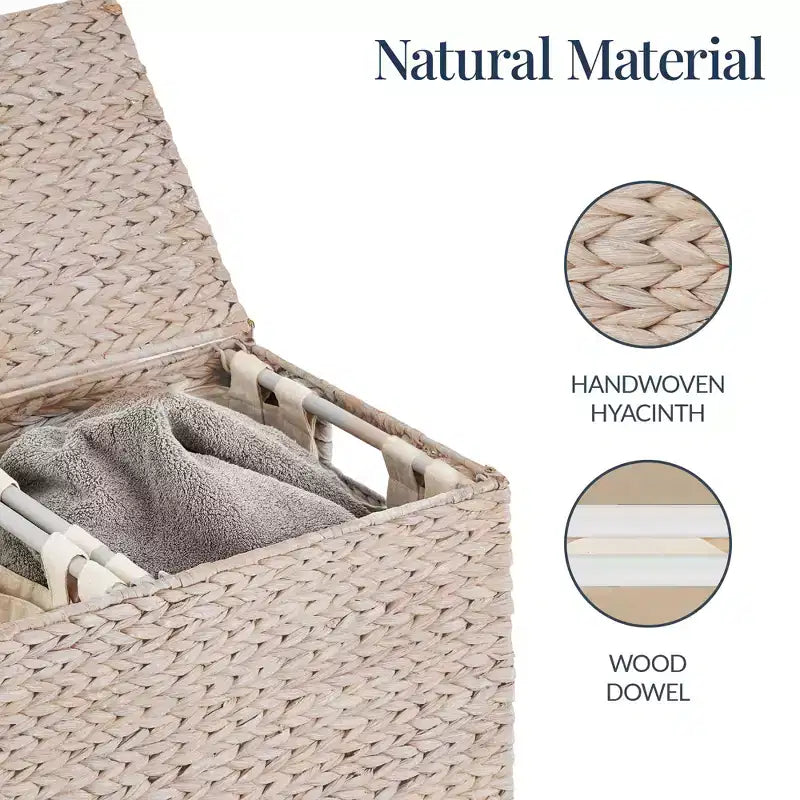 Best Choice Products Large Natural Water Hyacinth Double Laundry Hamper Basket w/ 2 Liner Bags, Handles