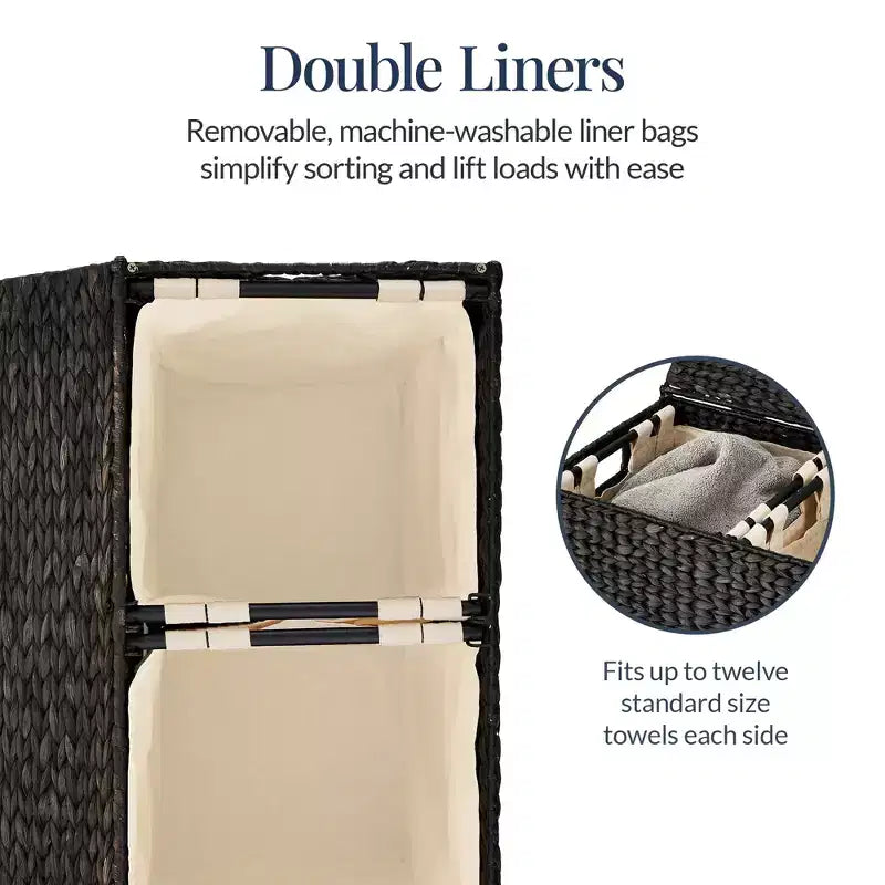 Best Choice Products Large Natural Water Hyacinth Double Laundry Hamper Basket w/ 2 Liner Bags, Handles