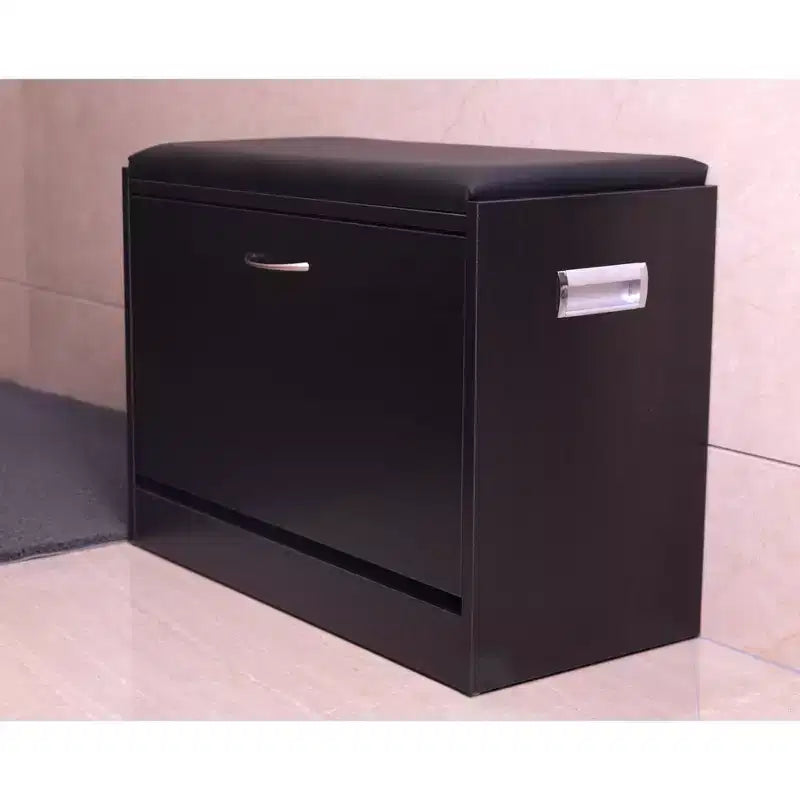 Shoe Storage Bench with Leather Cushion and Hidden Double Shoe Rack