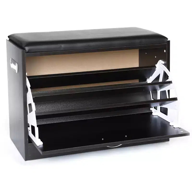 Shoe Storage Bench with Leather Cushion and Hidden Double Shoe Rack