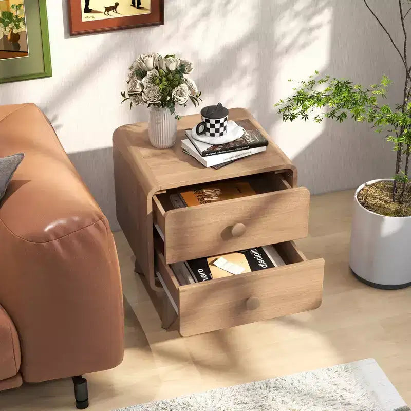 Modern 2-Drawer Nightstand with Solid Rubber Wood Legs
