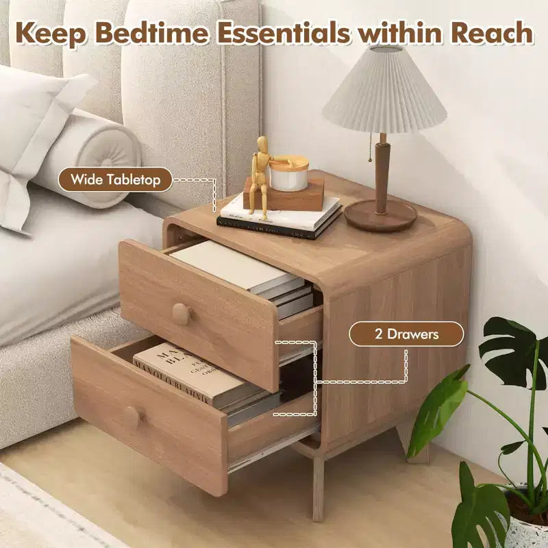 Modern 2-Drawer Nightstand with Solid Rubber Wood Legs
