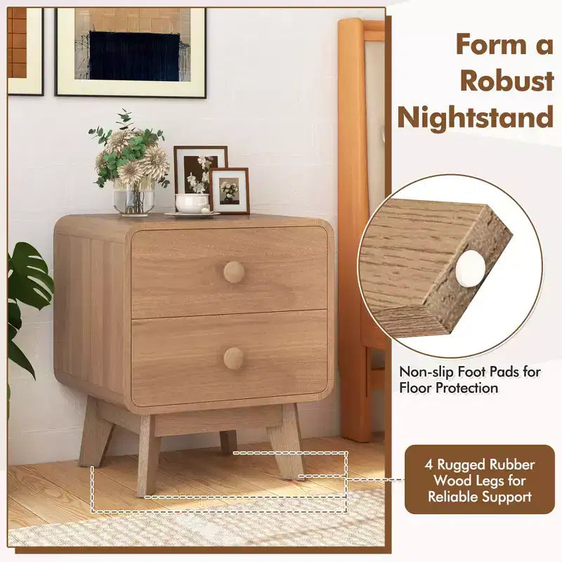 Modern 2-Drawer Nightstand with Solid Rubber Wood Legs