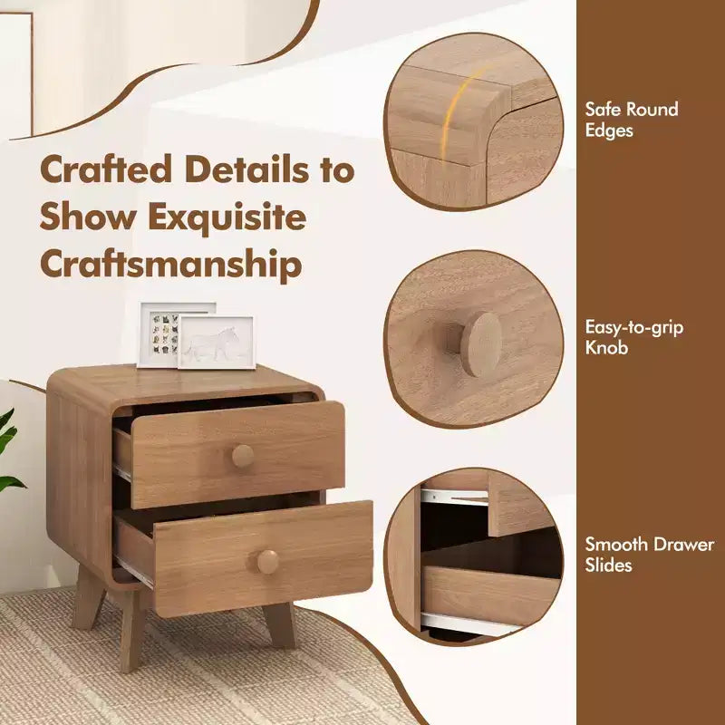 Modern 2-Drawer Nightstand with Solid Rubber Wood Legs