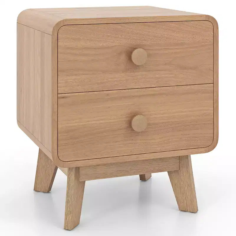 Modern 2-Drawer Nightstand with Solid Rubber Wood Legs