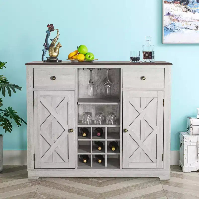 47-Inch Wood Bar Cabinet with Brushed Nickel Knobs