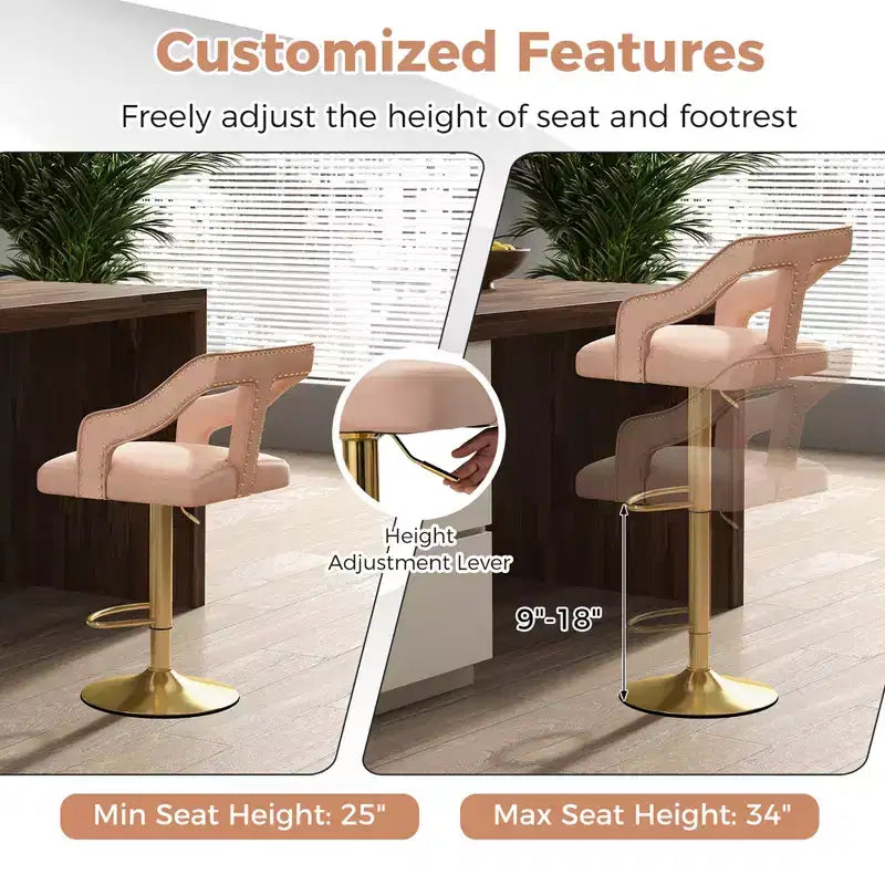 Set of 2 Swivel Bar Stools with Footrest and Metal Base